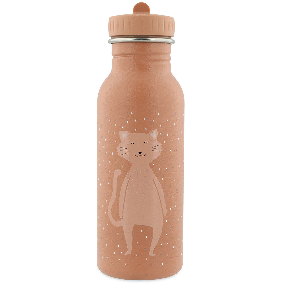 Trixie roestvrijstalen waterfles voor kinderen in beige met een kat en witte stippen.