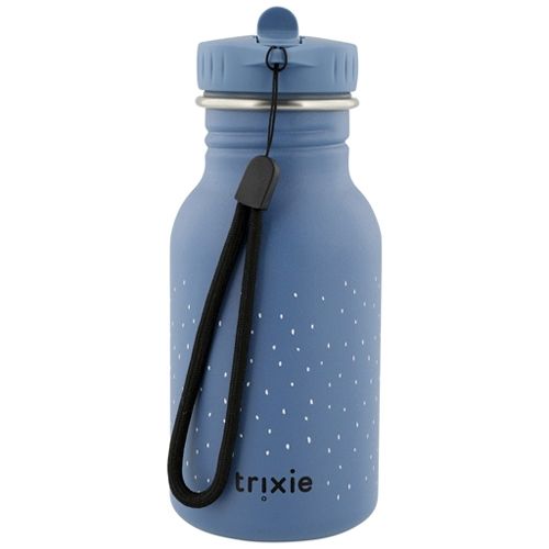 Trixie blauwe drinkfles met witte stippen en een zwart draagkoord.