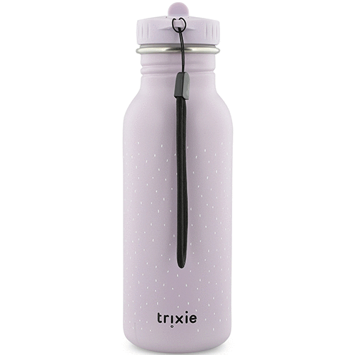Achterkant van de Trixie kinder drinkfles met paarse kleur, witte stippen en een zwart polsbandje.