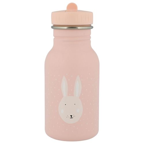 Trixie roze rvs drinkfles met een konijnengezicht en witte stippen.