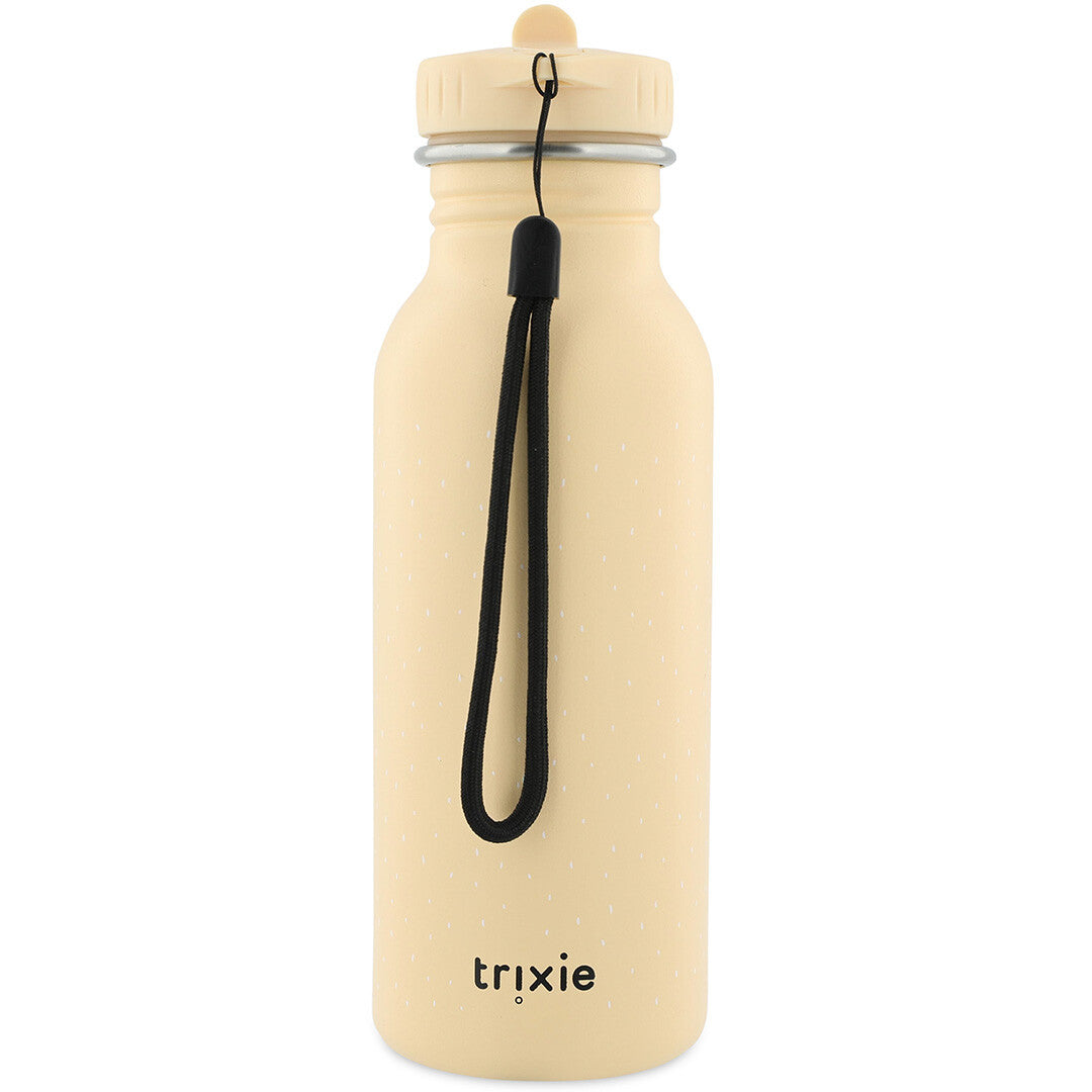 De achterkant van de Trixie kinder waterfles met een zwart draagkoord en het Trixie logo.