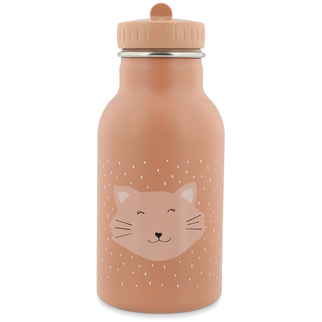 Trixie roze thermosfles met kattengezicht en witte stippen.