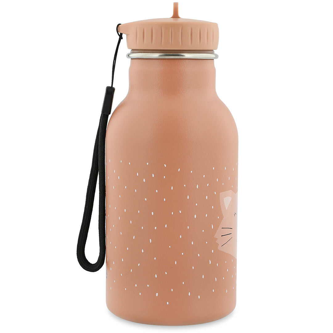 Trixie roze thermosfles met kattengezicht, witte stippen en een zwarte draaglus.
