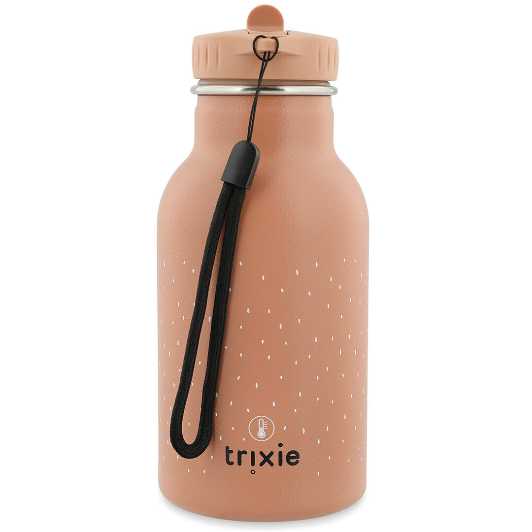 Trixie roze thermosfles met kattengezicht, witte stippen, zwarte draaglus en Trixie logo.