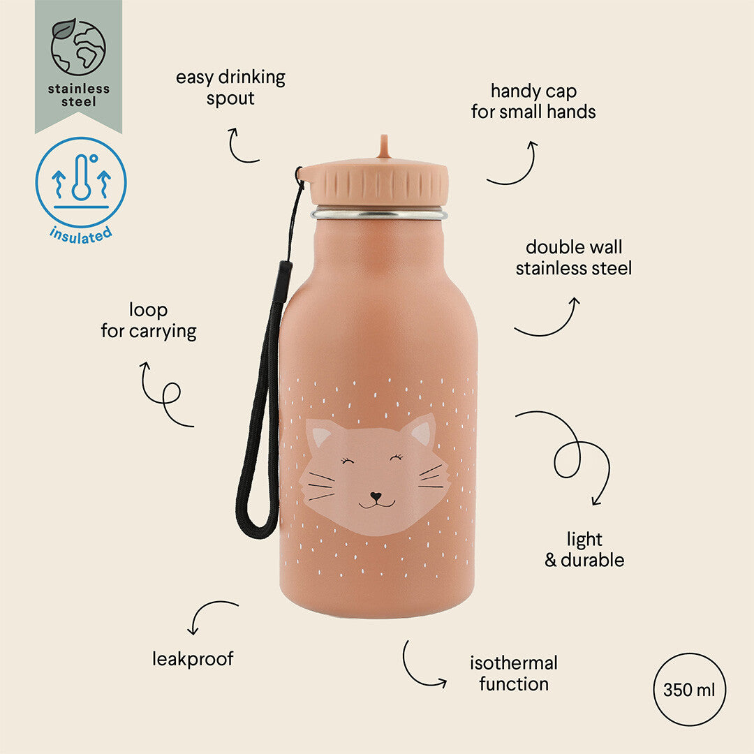 Infographic van de Trixie roze thermosfles met kattengezicht en productkenmerken.