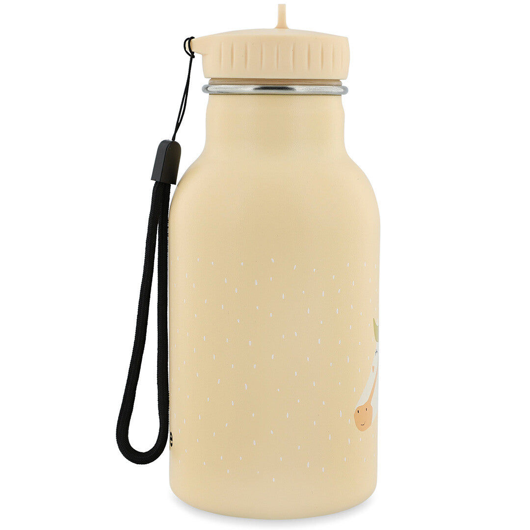 Beige thermosfles met zwarte draaglus en deels zichtbare eenhoorn.