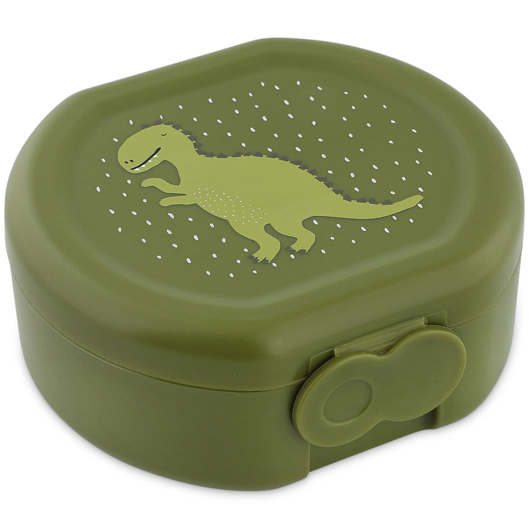 Groen Trixie snackdoosje met clip en een afbeelding van een hele dinosaurus op de deksel.