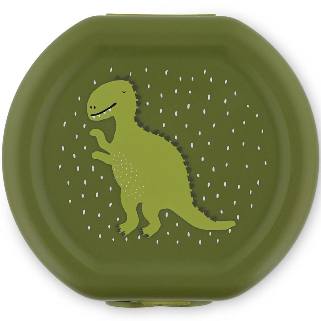 Groen Trixie snackdoosje voor kinderen met een afbeelding van een hele dinosaurus op de deksel.