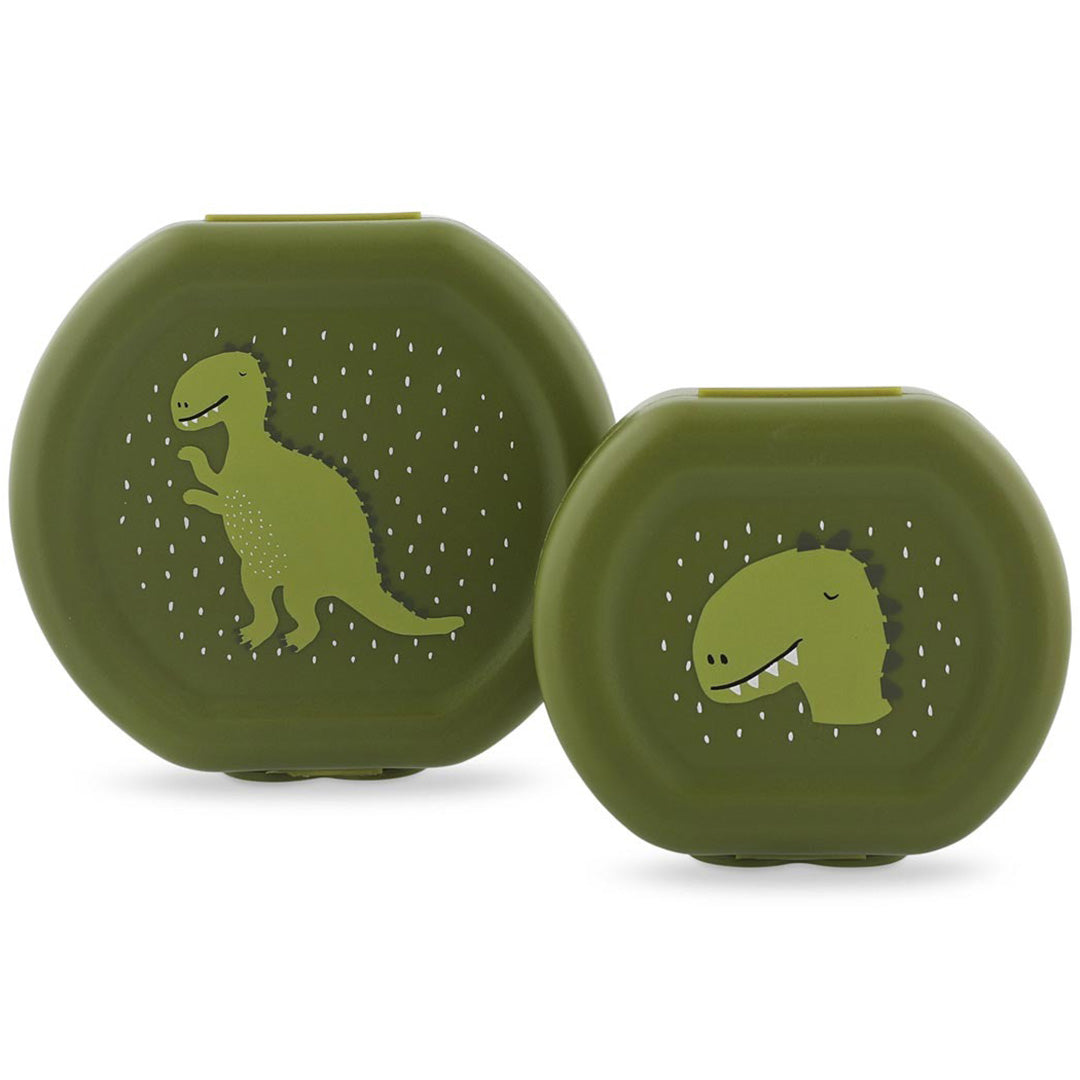 Trixie set van twee groene snackdoosjes voor kinderen met dinosaurusafbeeldingen.