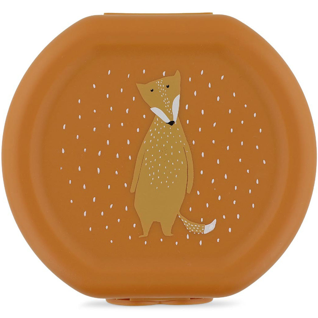 Bovenaanzicht van een trixie oranje snackdoosje voor kinderen met een vos-illustratie.