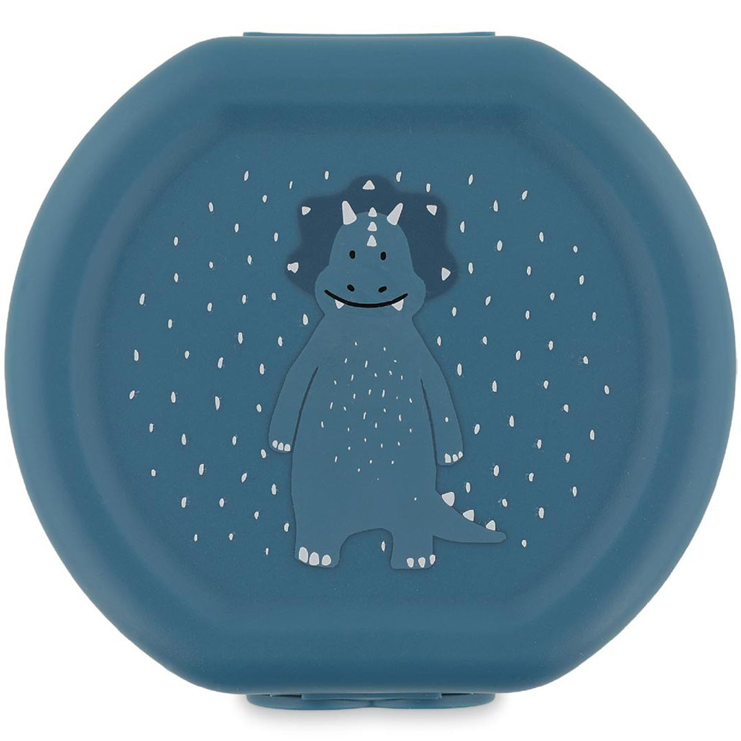 Bovenaanzicht van een gesloten blauw Trixie snackdoosje met een triceratops dinosaurusthema.