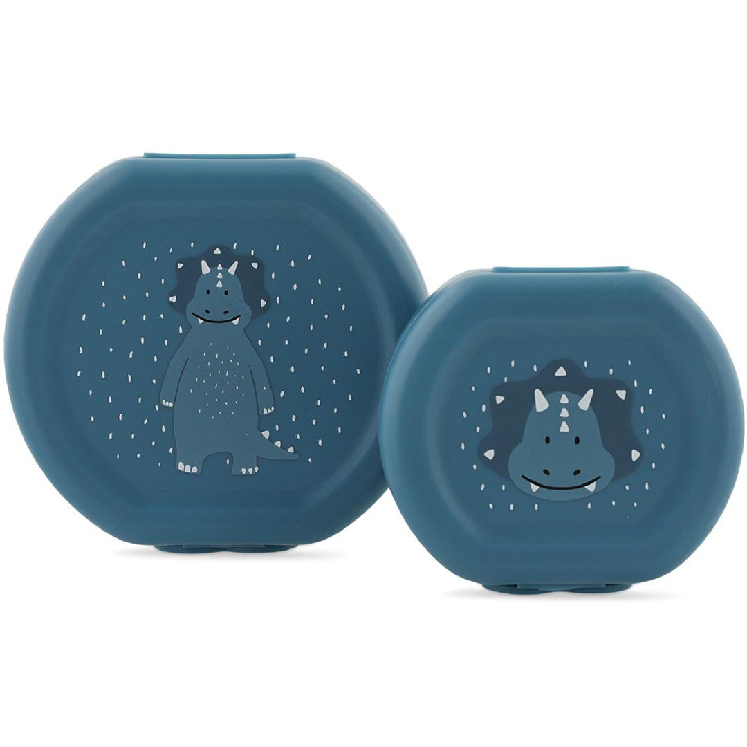 Twee blauwe Trixie snackdoosjes voor kinderen met een triceratops dinosaurusthema.