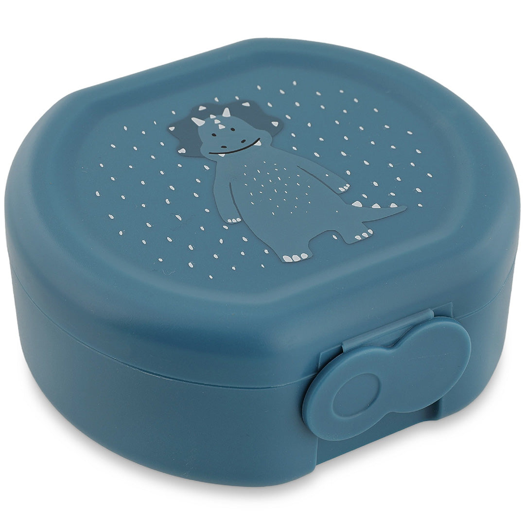 Gesloten blauw Trixie snackdoosje met een triceratops kop design en sluitclip.