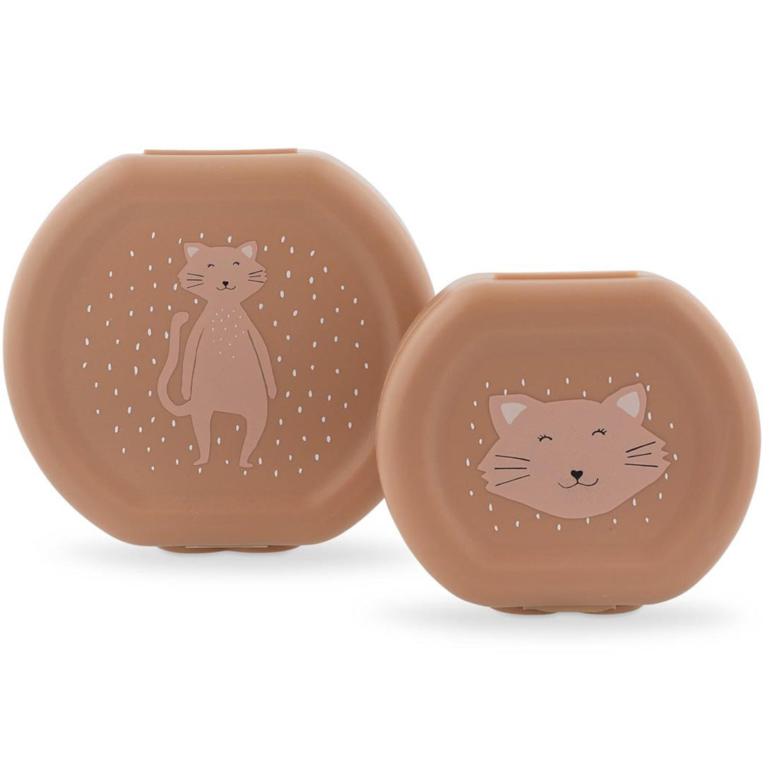 Twee Trixie snackdoosjes voor kinderen, een grote met een kattenfiguur en een kleinere met een kattengezicht.