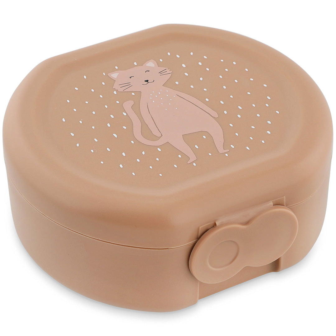 Een klein Trixie snackdoosje voor kinderen met een kattengezicht en clipsluiting.