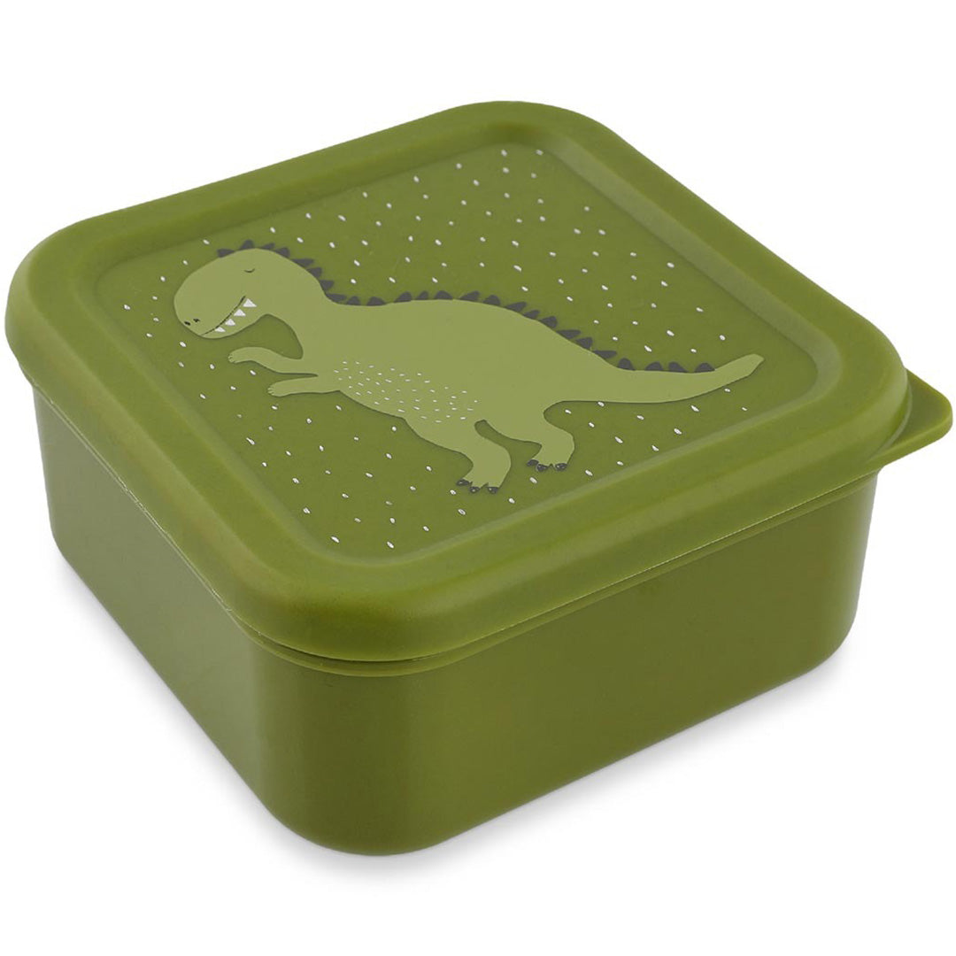 Een groen Trixie snackdoosje met deksel, versierd met een dinosaurus.
