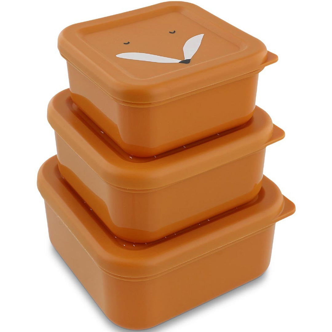 Drie Trixie oranje snackdoosjes voor kinderen met vossenafbeeldingen, op elkaar gestapeld.