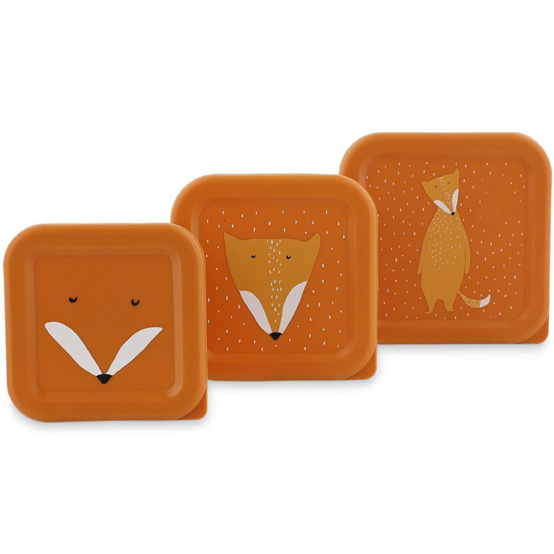 Drie Trixie oranje snackdoosjes voor kinderen met vossenafbeeldingen op de deksels.