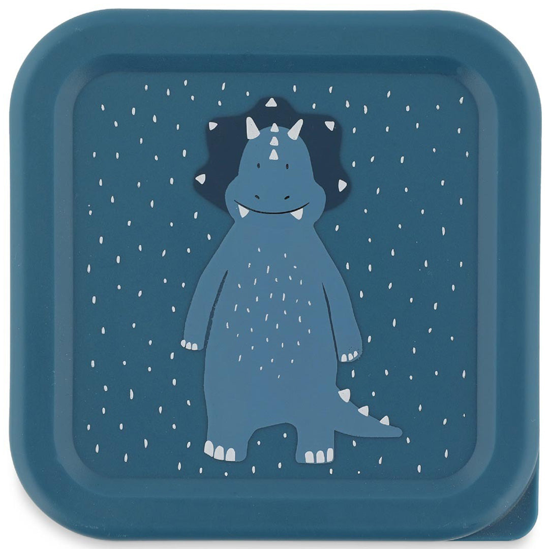Detail van een blauwe Trixie snackdoos deksel met een illustratie van een Triceratops.