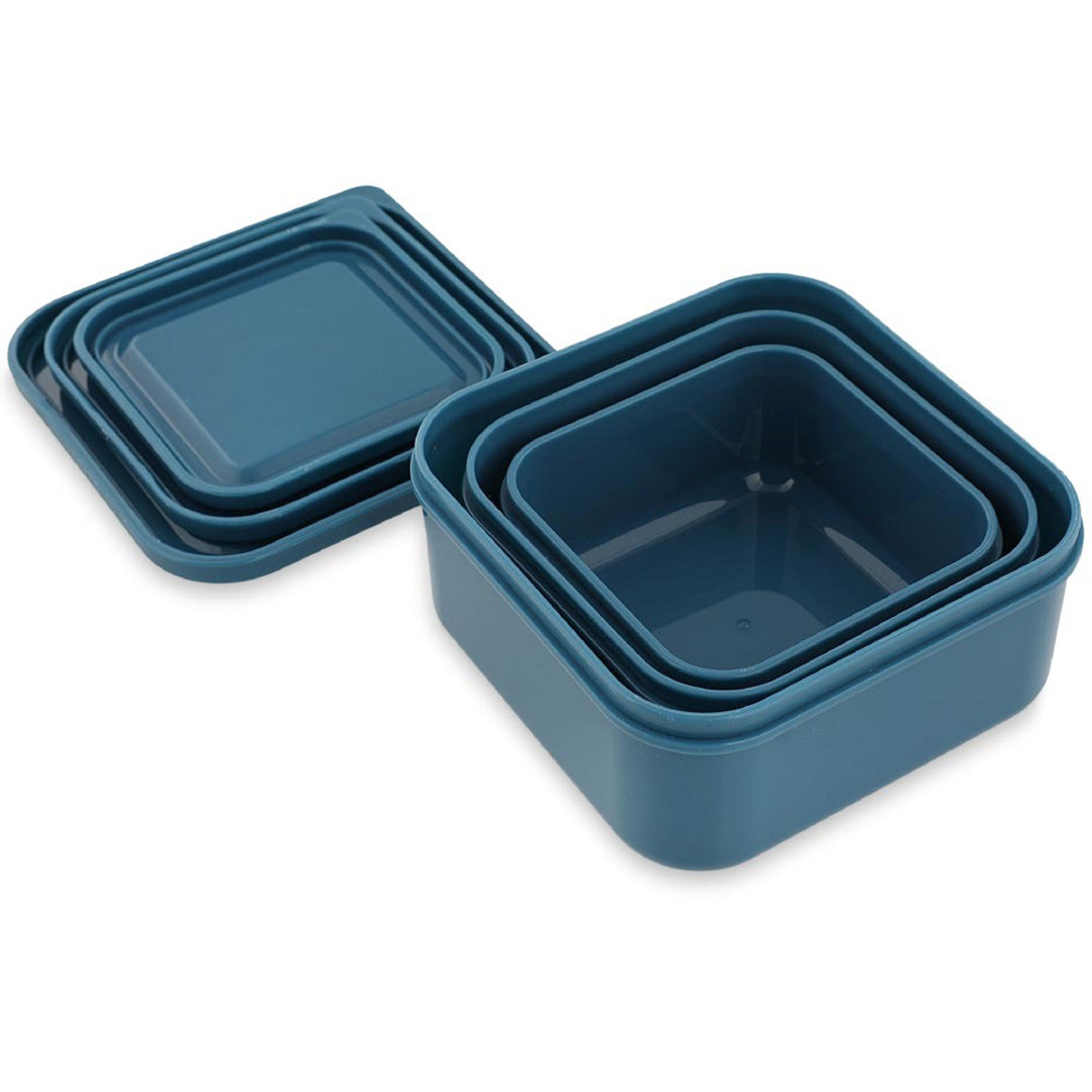 Drie in elkaar passende Trixie kinder snackdoosjes in blauw, met een losse deksel ernaast.