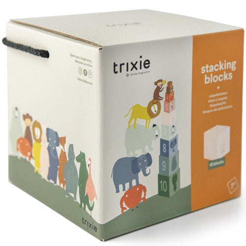 De verpakking van de Trixie stapelblokken met dierenillustraties en de merknaam.