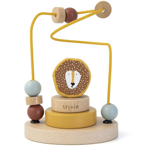 Trixie houten babyspeelgoed stapeltoren en kralenframe met een leeuwenkop en gekleurde kralen.