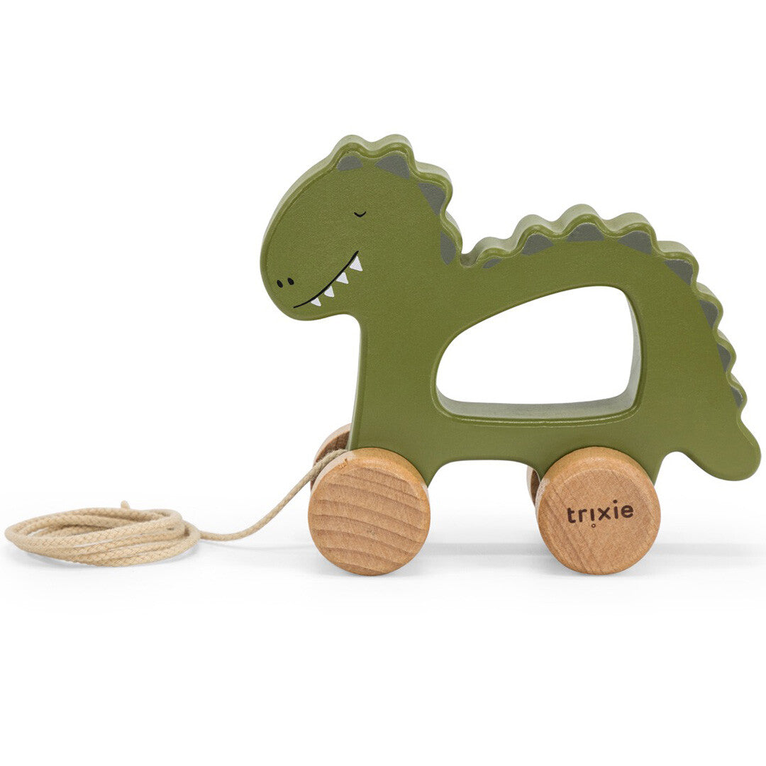 Trixie houten trekfiguur in de vorm van een groene dinosaurus met houten wielen en een katoenen trekkoord.