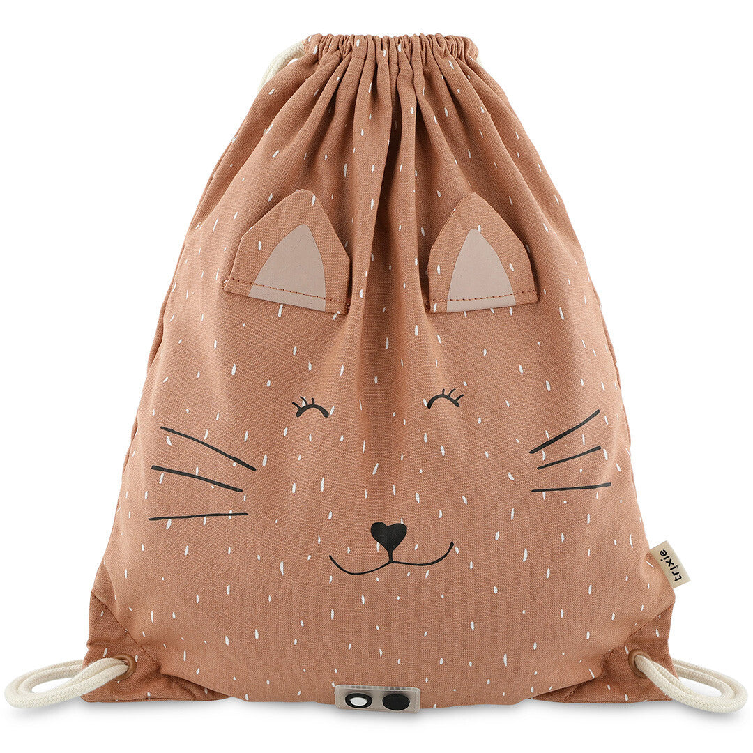 Trixie bruine kinder zwemtas met trekkoord, versierd als een kattengezicht.