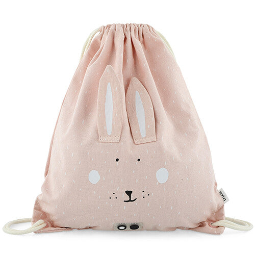 Trixie roze kinderzwemtas met trekkoord en Mrs. Rabbit gezicht.