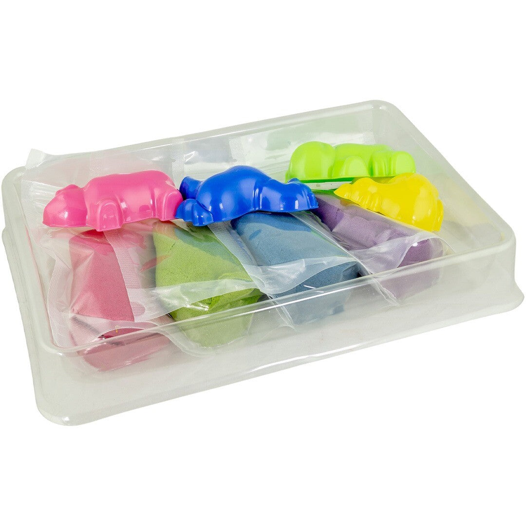 De Tuban kinetisch zand boerderij set met vier zakjes zand en vier dierenvormen in een transparante plastic tray.