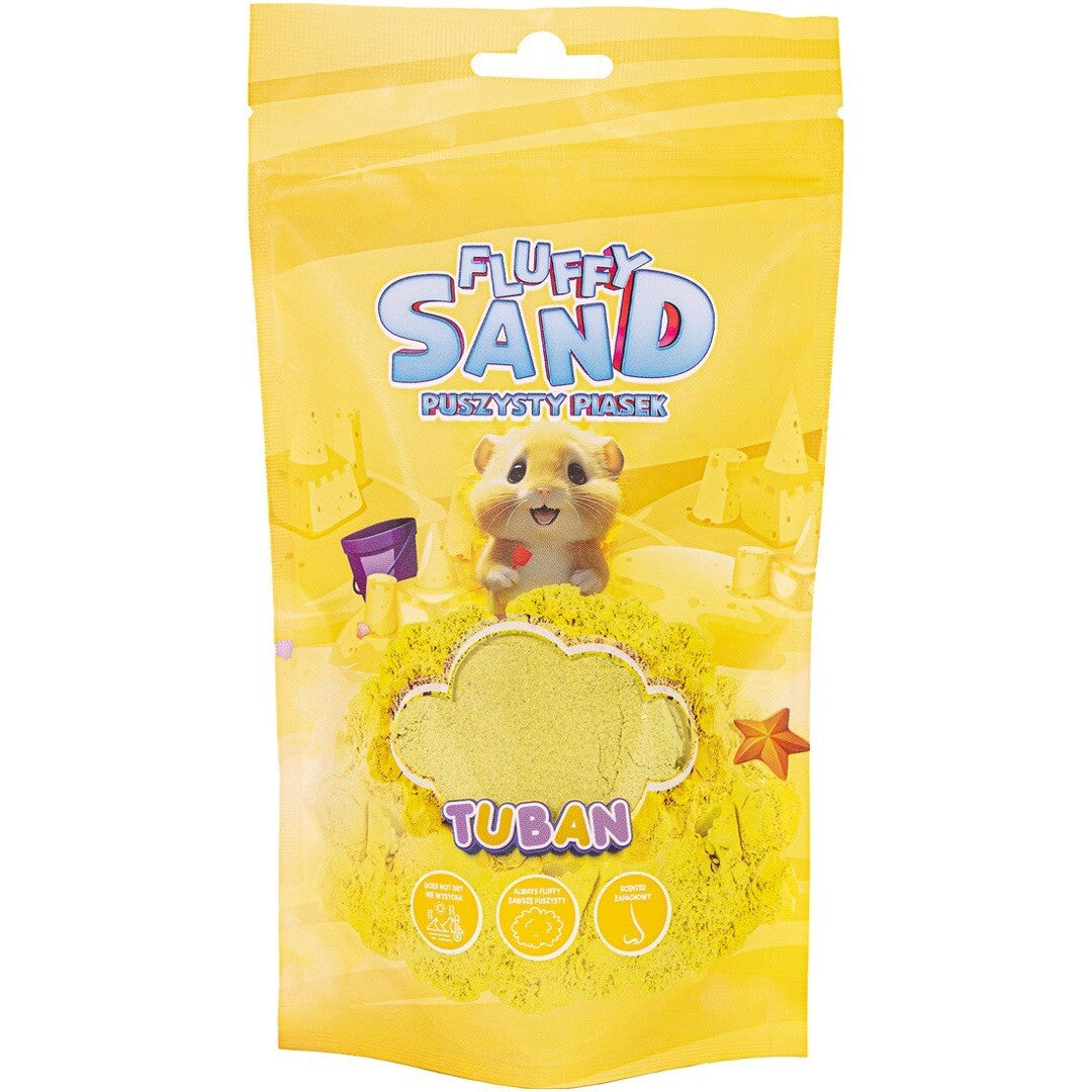 Tuban Fluffy Sand kinetisch zand in een gele verpakking met een hamster en zandkastelen.