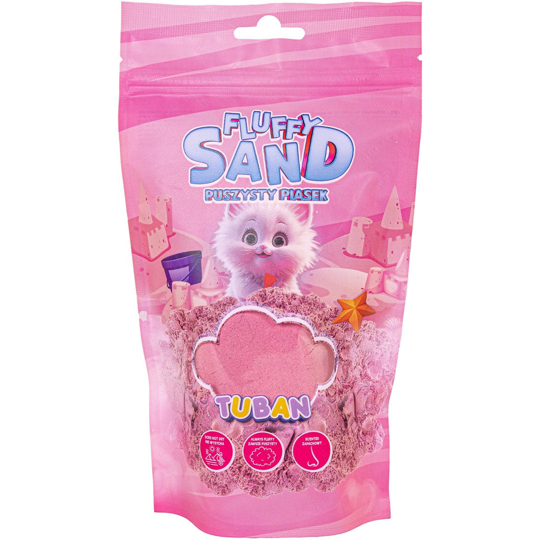 Roze verpakking van Tuban Fluffy Sand kinetisch zand met een cartoon kat en zandkastelen.
