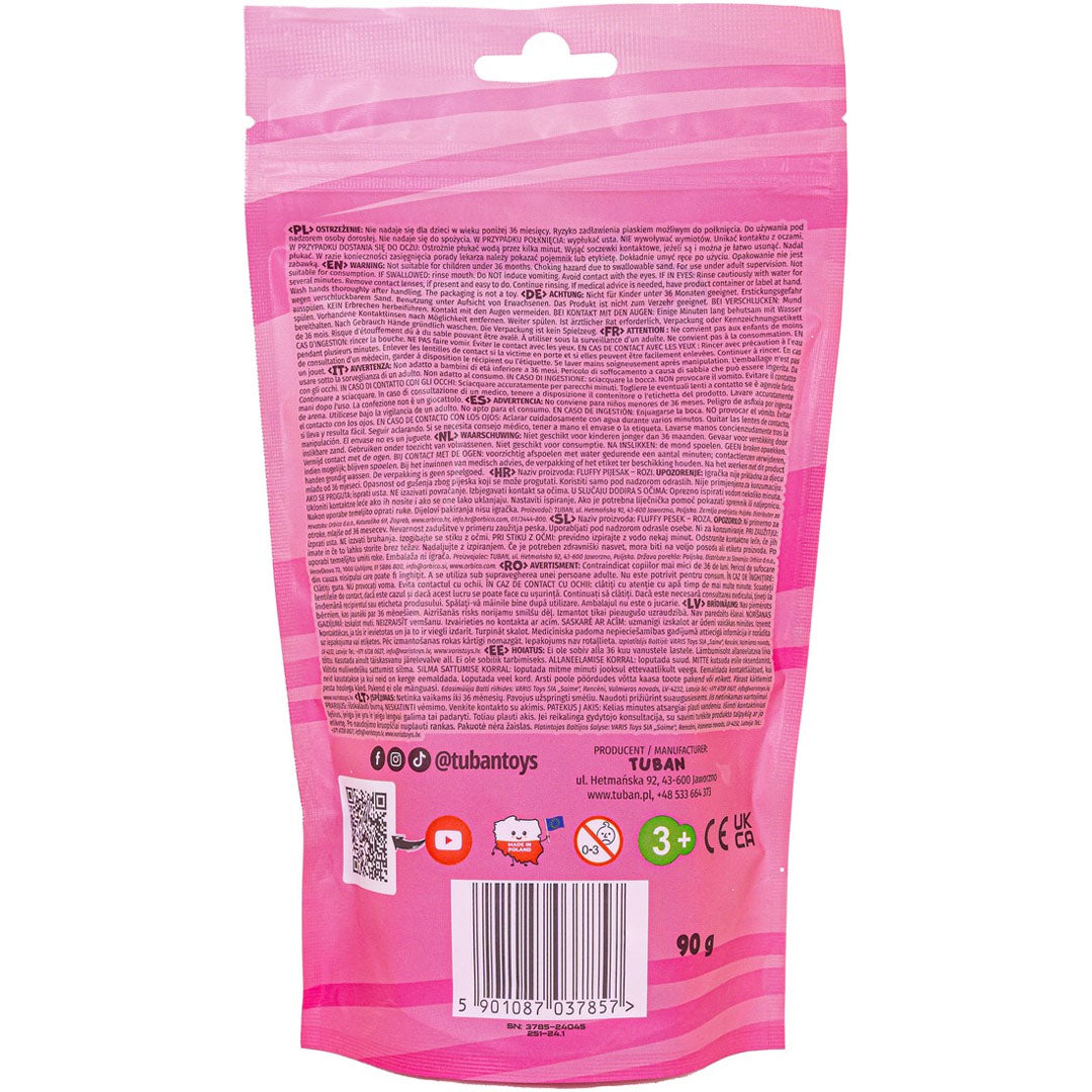 Achterkant van de roze verpakking van Tuban Fluffy Sand kinetisch zand met productinformatie en waarschuwingen.