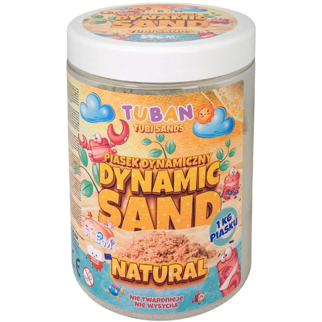 Verpakking van Tuban kinetisch zand Natural in een doorzichtige pot met kleurrijk etiket.