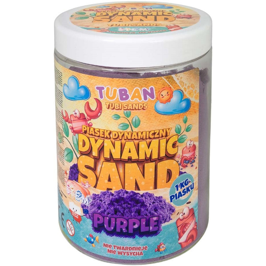 Tuban kinetisch zand paars in een transparante verpakking van 1 kg.