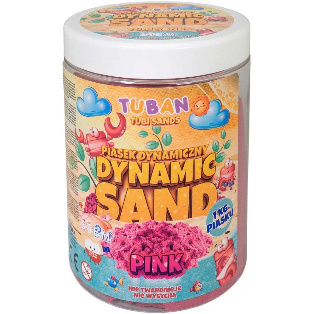 Verpakking van Tuban kinetisch zand in een doorzichtige pot met roze zand en kleurrijke label.