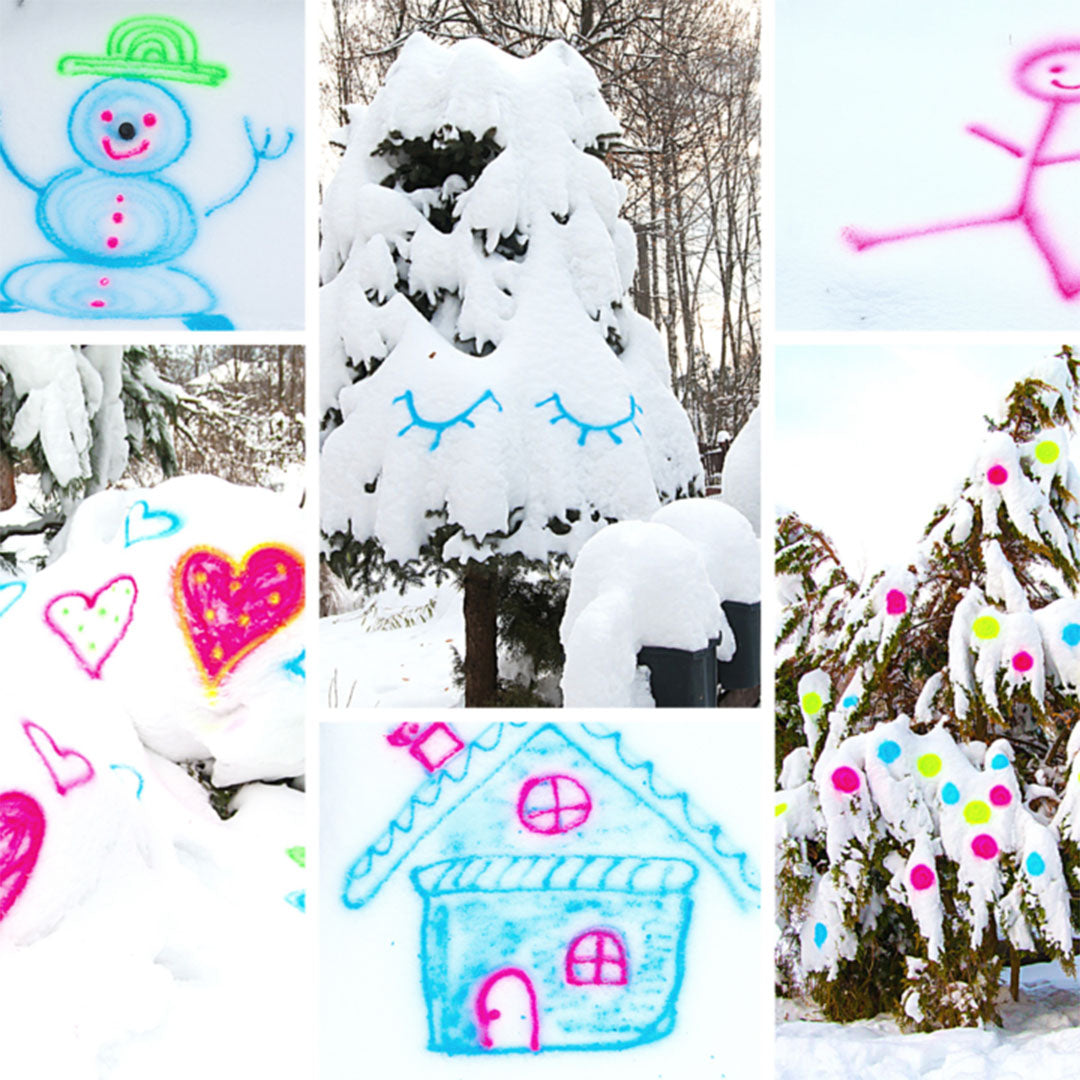 Collage van kleurrijke krijtspray tekeningen op sneeuw, waaronder een sneeuwpop en versierde bomen.