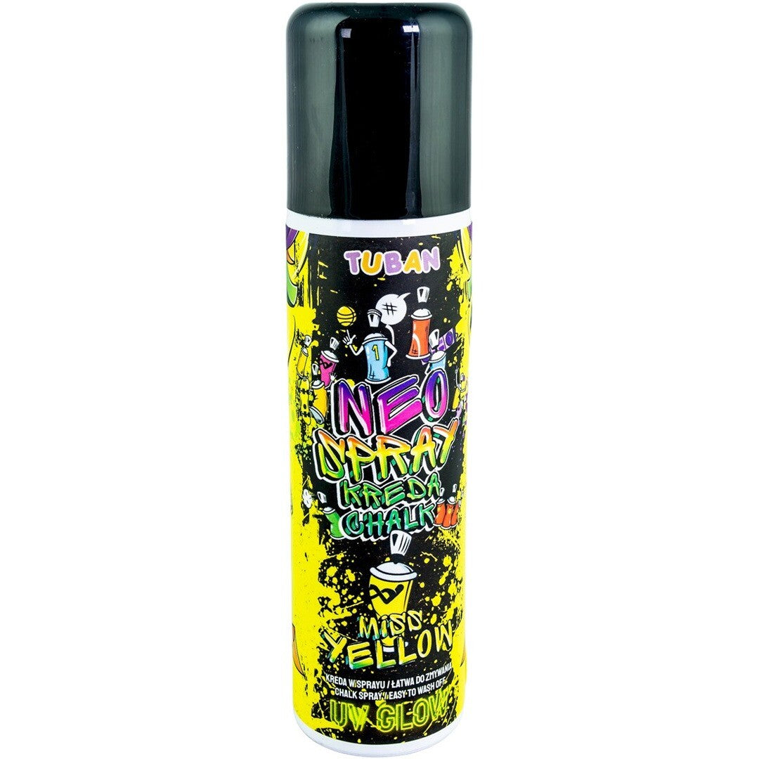 Tuban gele krijtspray spuitbus met kleurrijke graffiti-illustraties en UV Glow aanduiding.