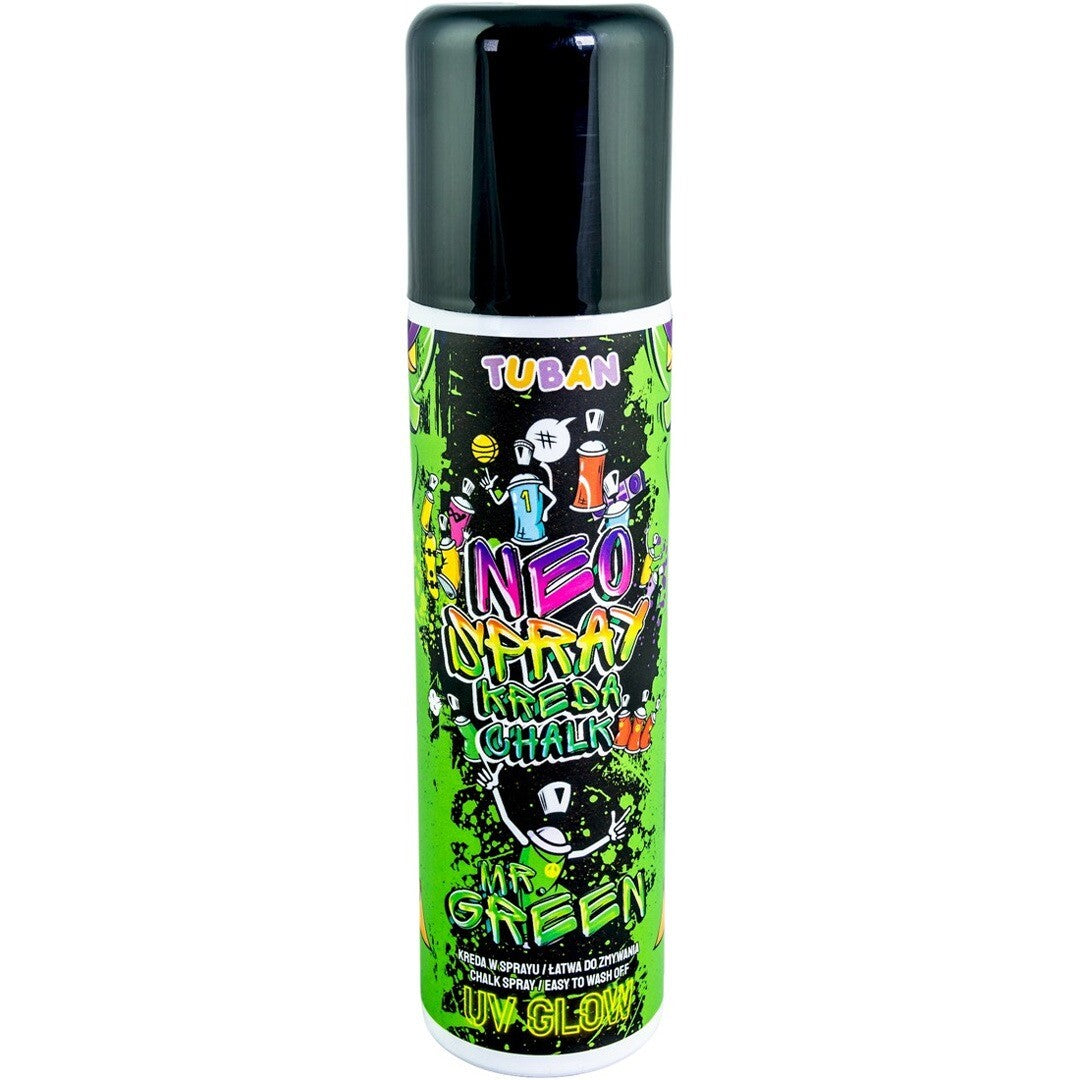 Tuban Neo krijtspray in een groene spuitbus met kleurrijke opdruk.