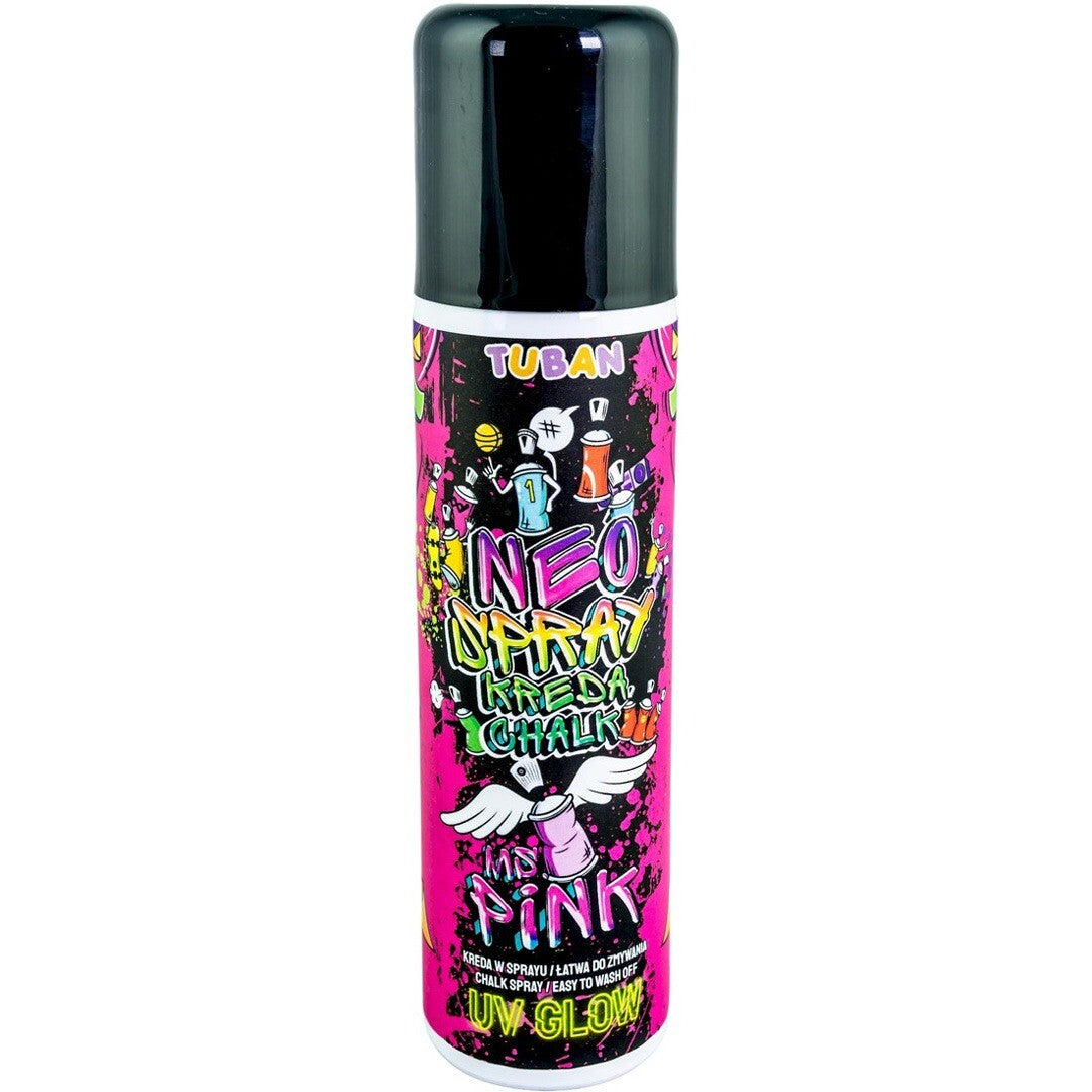 Tuban roze krijtspray spuitbus met zwarte dop en kleurrijke graffiti-achtige opdruk.