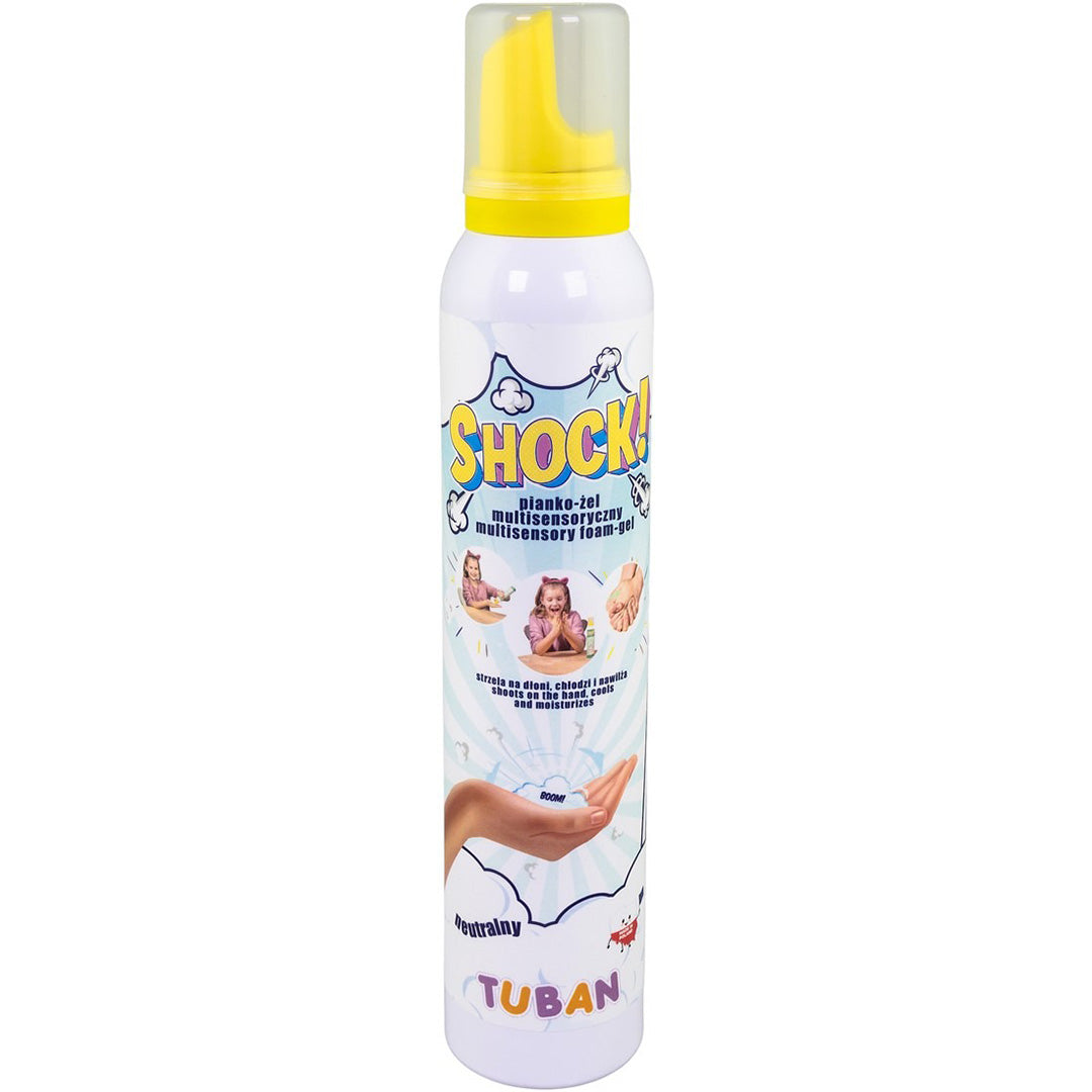Tuban Shock! sensorisch knetterschuim in een witte spuitbus met gele dop.