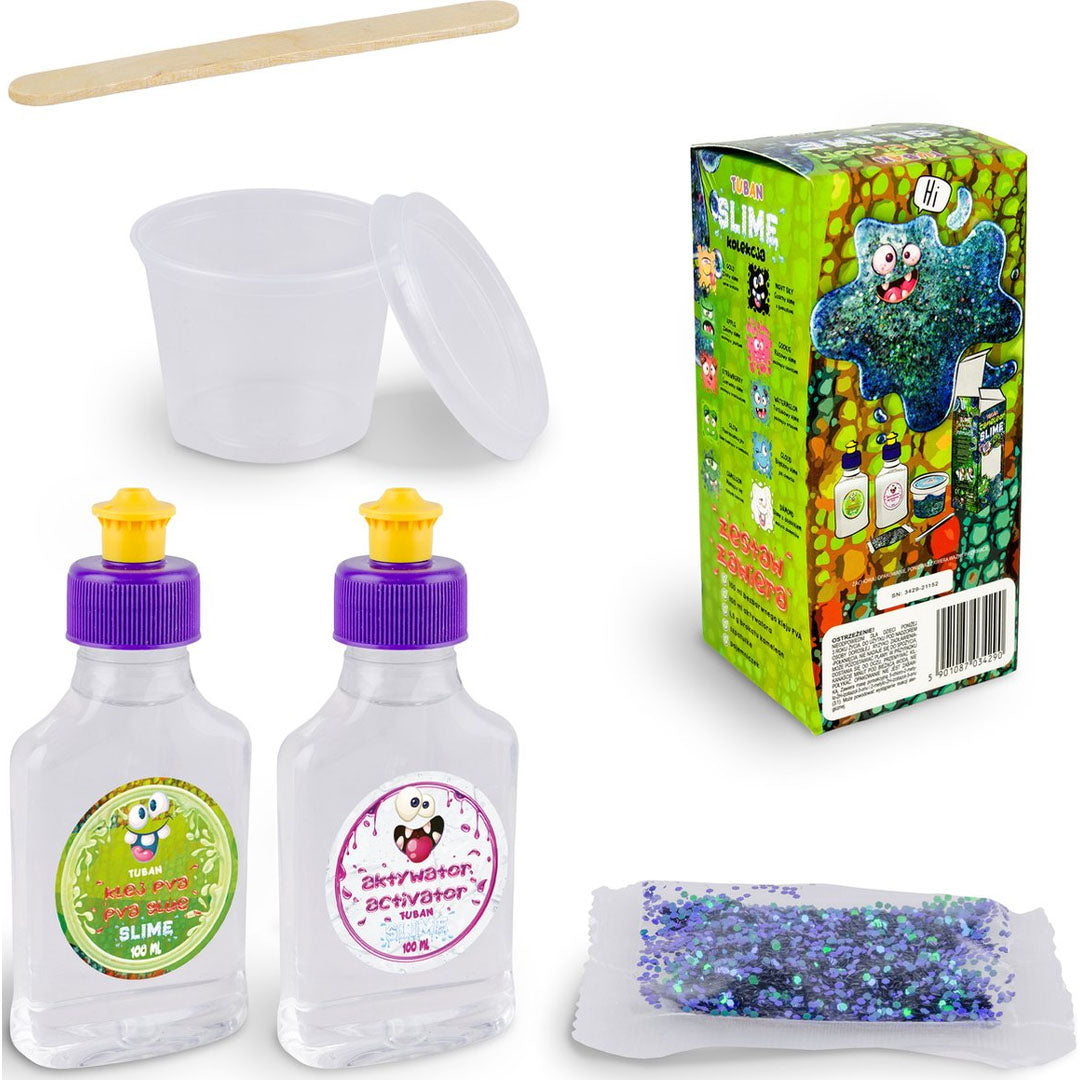 Collectie van Tuban slijm maken benodigdheden, met flessen, bakjes, een roerstaafje en glitter.