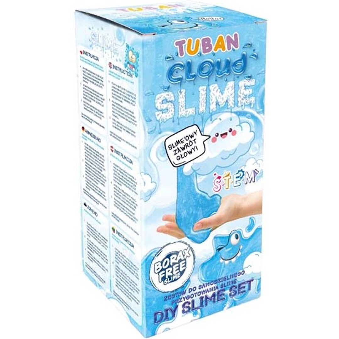 Tuban Cloud Slime DIY set verpakking met een wolk en blauwe slijm.