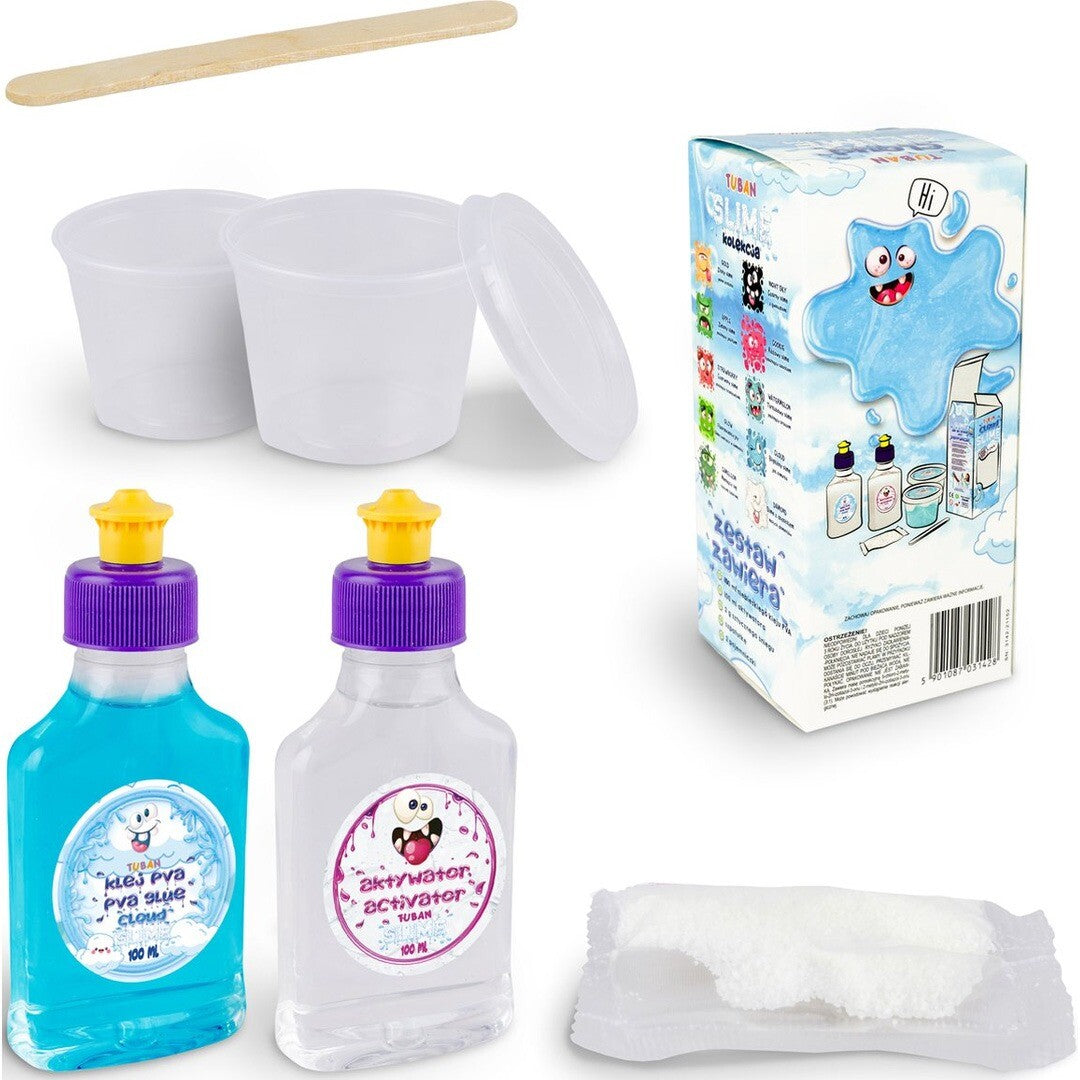 Onderdelen van de Tuban Cloud Slime DIY set, inclusief lijm, activator, bekers en een roerstaafje.