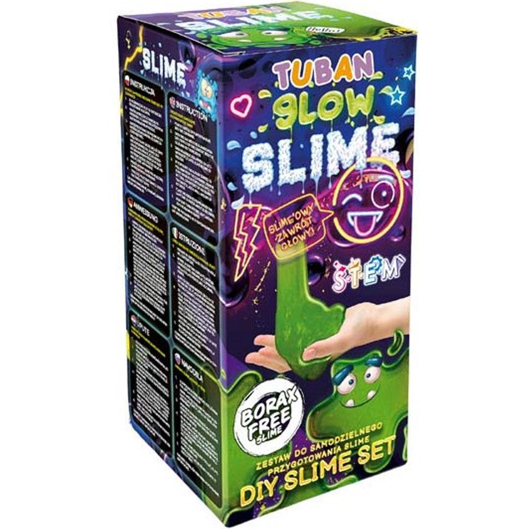 Tuban glow in the dark slijm maken set verpakking met een hand die groene slijm vasthoudt.