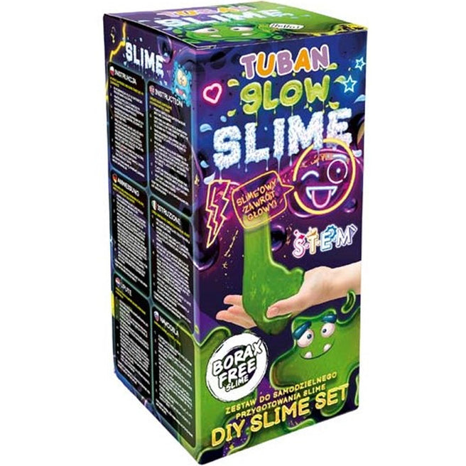 Tuban glow in the dark slijm maken set verpakking met een hand die groene slijm vasthoudt.