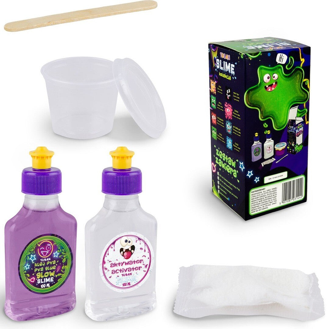 Tuban glow in the dark slijm maken set onderdelen, met twee flessen, een plastic bakje, een houten stokje en de productverpakking.