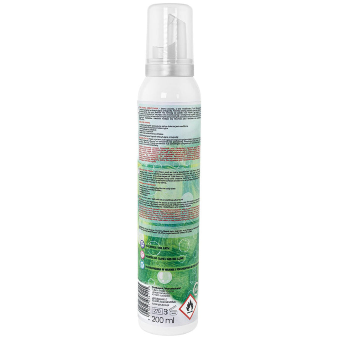 Achterkant van de Tuban Tubi Bath Foam spuitbus met productinformatie en ingrediënten.