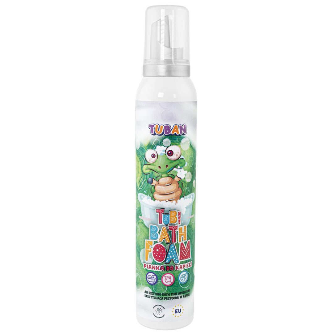 Tuban Tubi Bath Foam spuitbus met een cartoon kikker in bad op het etiket.