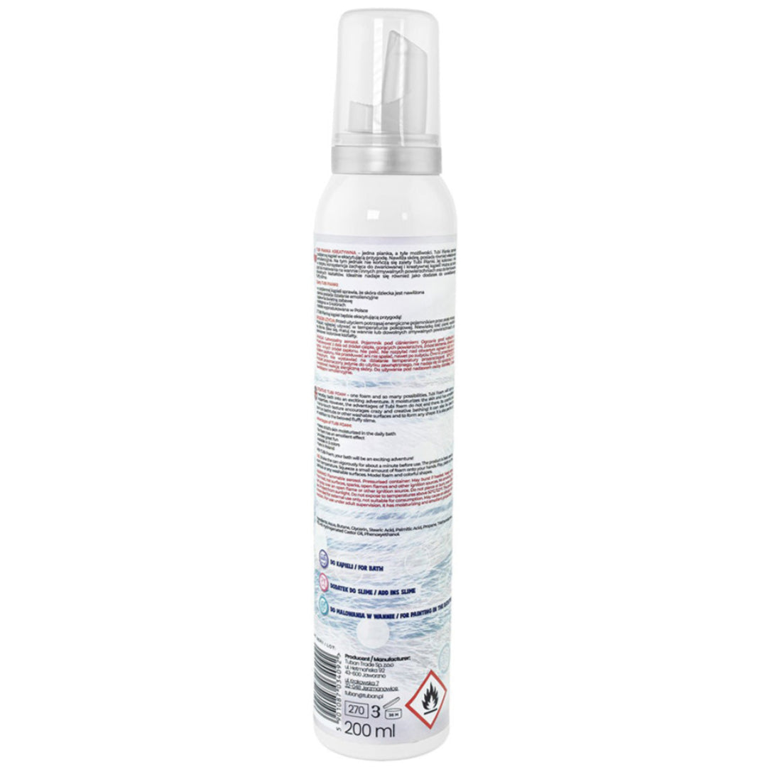 De achterkant van de Tuban Tubi Bath Foam spuitfles met productinformatie en ingrediënten.